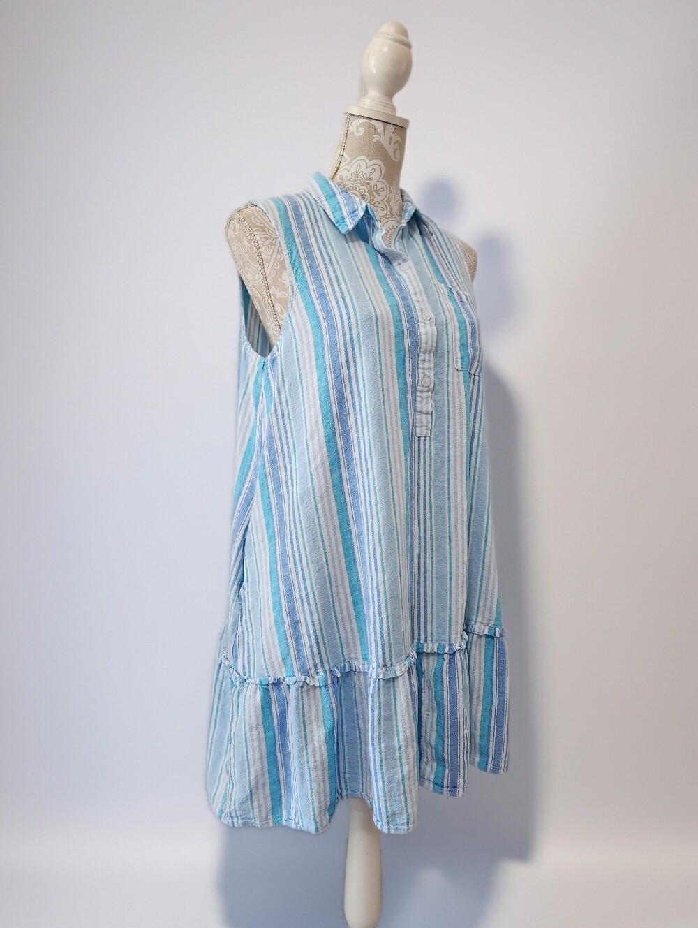 Time And Tru Blue And White Striped Linen Blend Swing Shirt Dress Size L (12-14)